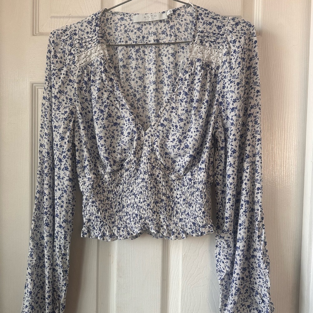 Astr Blue and White Floral Blouse
